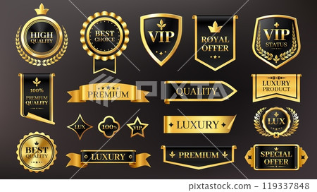 Golden luxury labels. Premium quality badges with golden stars and ribbons for product rating. Shiny stickers and seal for certificate vector set Golden luxury labels. Premium quality badges with golden stars and ribbons for product rating. Shiny stickers and seal for certificate vector set 119337848