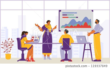 Vector illustration of a meeting of a team of young Indian specialists in traditional clothes 119337849