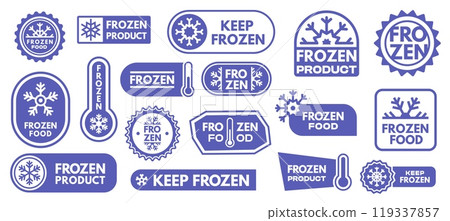 Keep frozen labels. Stickers with thermometer for cold temperature, frozen ice icons for refrigerated food packaging design. Vector set 119337857