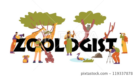 Illustration of a banner with the inscription "zoologist" and characters who observe animals. 119337878