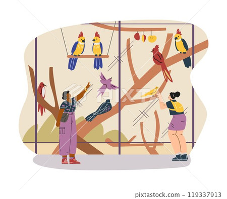 Vector illustration young women exploring a bird aviary. with trees and various kinds of parrots Vector illustration young women exploring a bird aviary. with trees and various kinds of parrots 119337913