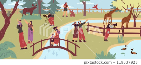 Vector illustration with a scene from the zoo: families and professional researchers observe wild animals Vector illustration with a scene from the zoo: families and professional researchers observe wild animals 119337923