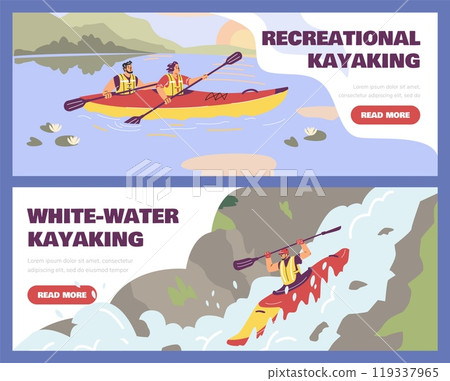 Vector illustrations with men and a woman kayaking down the river and on the lake 119337965