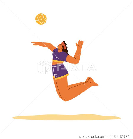 Beach volleyball player girl hits a ball while jumping on the sand, vector summer beach sport game and leisure activity Beach volleyball player girl hits a ball while jumping on the sand, vector summer beach sport game and leisure activity 119337975