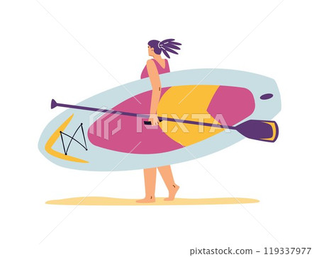 Vector art of a woman walking along the sand with a sup board and paddle. Vector art of a woman walking along the sand with a sup board and paddle. 119337977