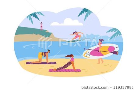 Vector illustration with leisure on the beach: doing yoga, surfing and carrying sup Vector illustration with leisure on the beach: doing yoga, surfing and carrying sup 119337995