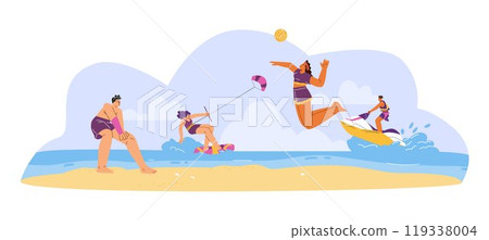Vector illustration of people doing outdoor sports: beach volleyball, sailing on a jet ski, kiteboard, 119338004