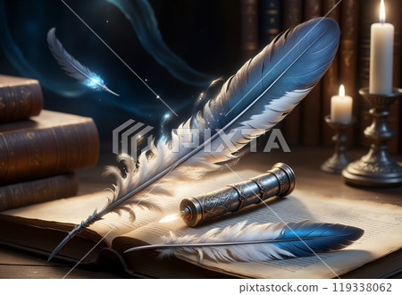 enchanted pen and old books in an old study 119338062