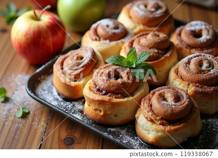 fresh sweet buns with cinnamon, mint, apples 119338067