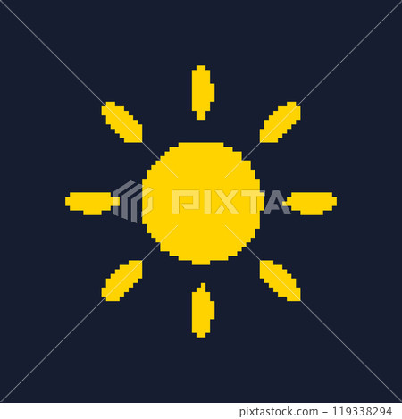 Retro Game Yellow Sun Isolated on Dark Background. Sun Pixel Art Icon. Vintage Video Game Symbol. Isolated Vector Illustration 119338294
