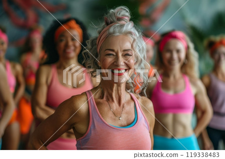Senior Woman in Pink Fitness Outfit 119338483