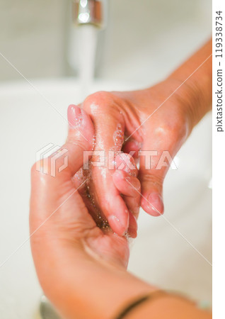 Washing hands under the water tap or faucet without soap. Hygiene concept. High quality photo Washing hands under the water tap or faucet without soap. Hygiene concept. High quality photo 119338734