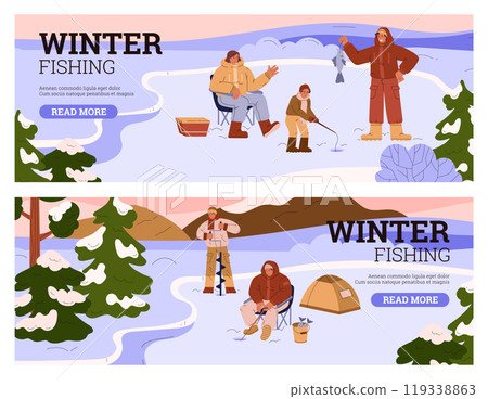Vector set illustrations about winter fishing on the shore of a frozen lake 119338863