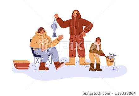 Vector graphics with a young family fishing with a fishing rod surrounded by snow 119338864