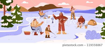 Vector graphics depicting a family enjoying winter fishing on a frozen lake 119338867