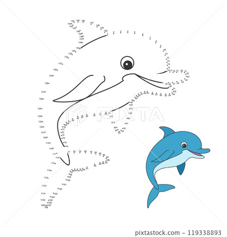 Children's illustration. Dolphin coloring page. Connect the dots by numbers. Games with numbers for children. Vector illustration. Children's illustration. Dolphin coloring page. Connect the dots by numbers. Games with numbers for children. Vector illustration. 119338893