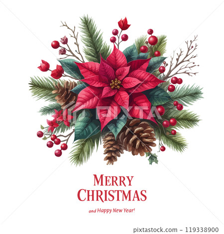 Merry Christmas festive card template with watercolor poinsettia, fir tree, cone, branch, red, berry. 119338900