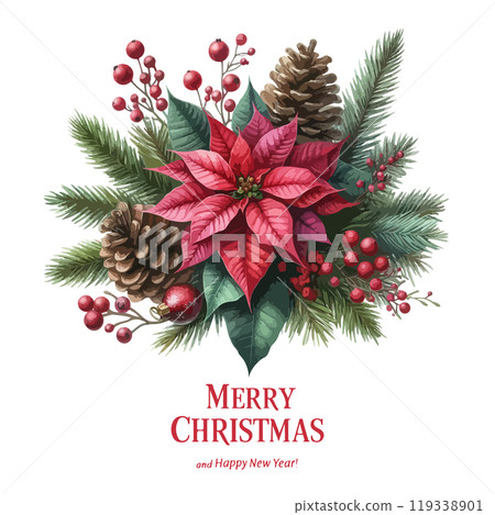 Merry Christmas festive card template with watercolor poinsettia, fir tree, cone, branch, red, berry. Merry Christmas festive card template with watercolor poinsettia, fir tree, cone, branch, red, berry. 119338901