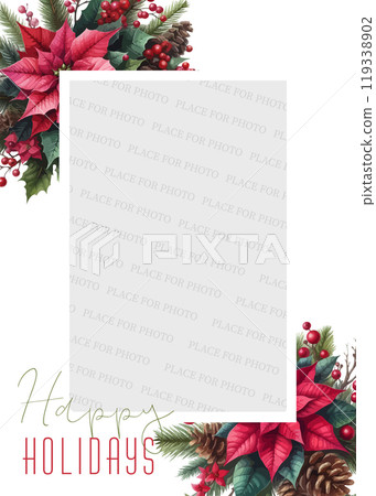 Merry Christmas festive Template with place for photo with watercolor poinsettia, fir tree, cone, branch, red, berry. Merry Christmas festive Template with place for photo with watercolor poinsettia, fir tree, cone, branch, red, berry. 119338902