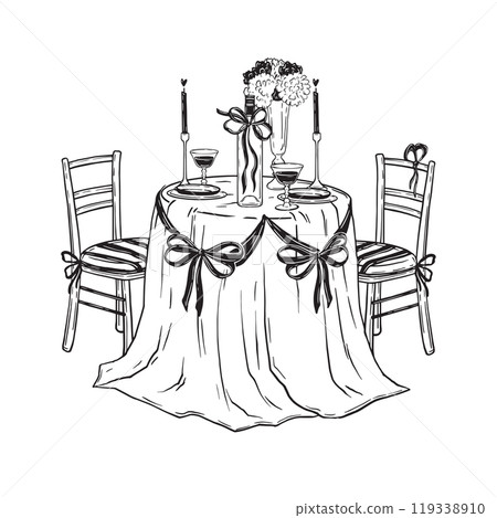 Romantic dinner hand drawn illustration, vector served table doodle, Valentine day celebration date. 119338910