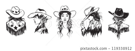 Cowgirl illustration set, vector western woman portrait, hand drawn Texas girl traditional hat.  119338912