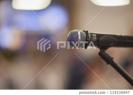 Microphone over the Abstract blurred photo of conference hall or seminar room background Microphone over the Abstract blurred photo of conference hall or seminar room background 119338947