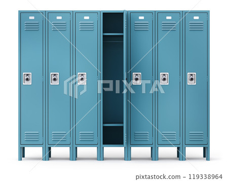 Blue locker metal cabinets with padlocks - 3D illustration 119338964
