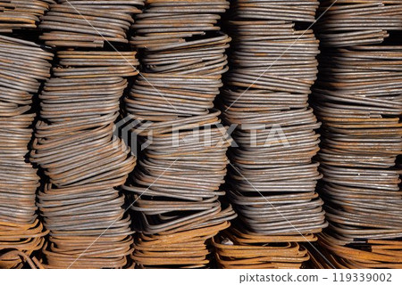 Reinforcement steel rod at construction site. Construction rebar steel work reinforcement. Rebar texture. Reinforcement steel rod. Rusty rebar for concrete pouring 119339002