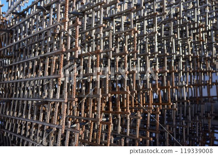 Reinforcement steel rod at construction site. Construction rebar steel work reinforcement. Rebar texture. Reinforcement steel rod. Rusty rebar for concrete pouring 119339008