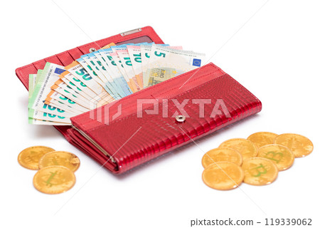 Red Leather Women Purse with Different Euro Banknotes and Bitcoin Coins Red Leather Women Purse with Different Euro Banknotes and Bitcoin Coins 119339062