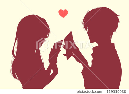 Men and women operating smartphones, facing each other, silhouette Men and women operating smartphones, facing each other, silhouette 119339088