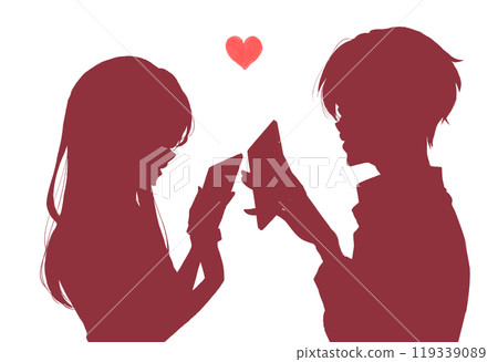Men and women operating smartphones, facing each other, silhouette 119339089