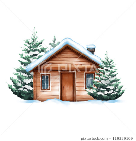 Winter chalet. Wooden cabin in fir forest, isolated on white background. Watercolor Christmas card or poster. 119339109