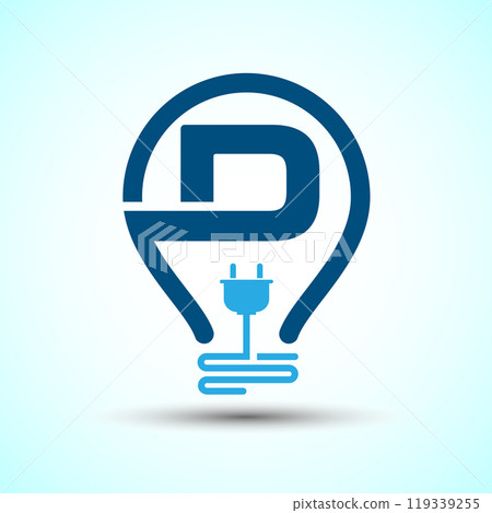 Initial alphabet with an electric bulb and plug. Electricity logo design template 119339255
