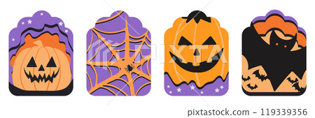 Set of isolated cute Halloween decoration elements for sticker, badge, tag or label on a transparent background, Volume 16: Black, purple and orange color tones. Set of isolated cute Halloween decoration elements for sticker, badge, tag or label on a transparent background, Volume 16: Black, purple and orange color tones. 119339356