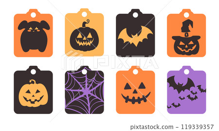 Set of isolated cute Halloween decoration elements for sticker, badge, tag or label on a transparent background, Volume 17: Black, purple and orange color tones. 119339357