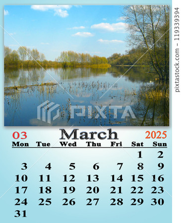 calendar for March 2025 with photo of spring flood. Business calendar 119339394