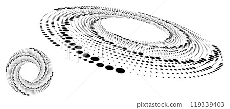Abstract dotted vector background. Halftone effect. Spiral stipple background or icon. Circle with normal view and perspective. Abstract dotted vector background. Halftone effect. Spiral stipple background or icon. Circle with normal view and perspective. 119339403
