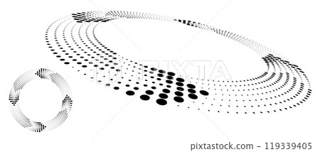 Abstract dotted vector background. Halftone effect. Spiral stipple background or icon. Circle with normal view and perspective. Abstract dotted vector background. Halftone effect. Spiral stipple background or icon. Circle with normal view and perspective. 119339405