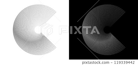 Modern abstract background. Halftone dots in circle form. Letter C like logo, icon or design element. Black dots on a white background and white dots on the black side. 119339442