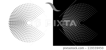 Modern abstract background. Waves in circle form. Round logo. Design element or icon. Black shape on a white background and the same white shape on the black side. 119339450