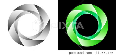 Circles with 6 parts and gradients. Abstract icon, logo or symbol. Green eco concept and gray rotating spiral. 119339476