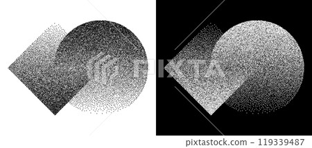 Circle and rhombus with transition or union. Halftone dotted abstract background. Black shape on a white background and the same white shape on the black side. Circle and rhombus with transition or union. Halftone dotted abstract background. Black shape on a white background and the same white shape on the black side. 119339487