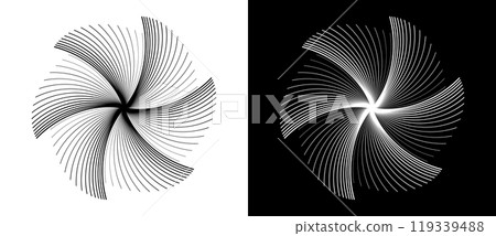 Circle with transition line elements. Abstract geometric art line background like flower. Black shape on a white background and the same white shape on the black side. Circle with transition line elements. Abstract geometric art line background like flower. Black shape on a white background and the same white shape on the black side. 119339488