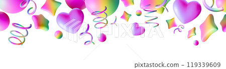 Vibrant, playful header featuring colorful iridescent stars, spirals and spheres. This lively and festive graphic adds cheerful and dynamic touch to party invitations, banners and digital designs. 3D. Vibrant, playful header featuring colorful iridescent stars, spirals and spheres. This lively and festive graphic adds cheerful and dynamic touch to party invitations, banners and digital designs. 3D. 119339609