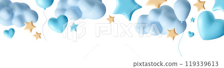 Playful Its a Boy themed header design featuring blue hearts, stars, clouds and balloons. Ideal for baby shower invitations, birth announcements and festive decorations. Top border. Foreground. 3D. Playful Its a Boy themed header design featuring blue hearts, stars, clouds and balloons. Ideal for baby shower invitations, birth announcements and festive decorations. Top border. Foreground. 3D. 119339613