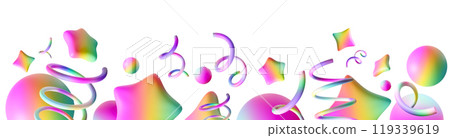 Vibrant, playful footer featuring colorful iridescent stars, spirals and spheres. This lively and festive graphic adds cheerful and dynamic touch to party invitations, banners and digital designs. 3D. Vibrant, playful footer featuring colorful iridescent stars, spirals and spheres. This lively and festive graphic adds cheerful and dynamic touch to party invitations, banners and digital designs. 3D. 119339619