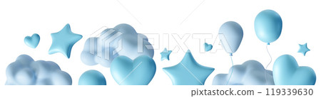 Playful Its a Boy themed footer design featuring blue hearts, stars, clouds and balloons. Ideal for baby shower invitations, birth announcements and festive decorations. Bottom border. Foreground. 3D. Playful Its a Boy themed footer design featuring blue hearts, stars, clouds and balloons. Ideal for baby shower invitations, birth announcements and festive decorations. Bottom border. Foreground. 3D. 119339630