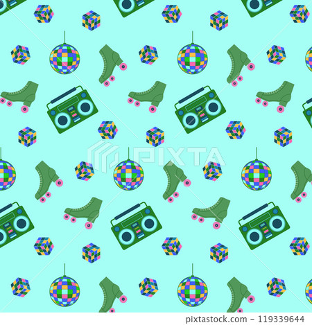 90s Retro Style Set. Y2K Elements Like Cassette Tapes, Roller Skates, Boomboxes Pattern. 1980s And 1990s Fashion Design for For Modern Banners, Cards, Party Templates. Vector illustration 119339644