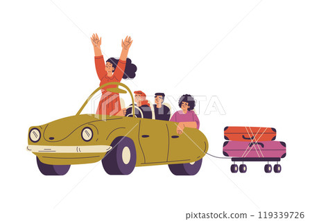 Man and Woman Character on Road Trip Travel by Car with Suitcase Vector Illustration 119339726